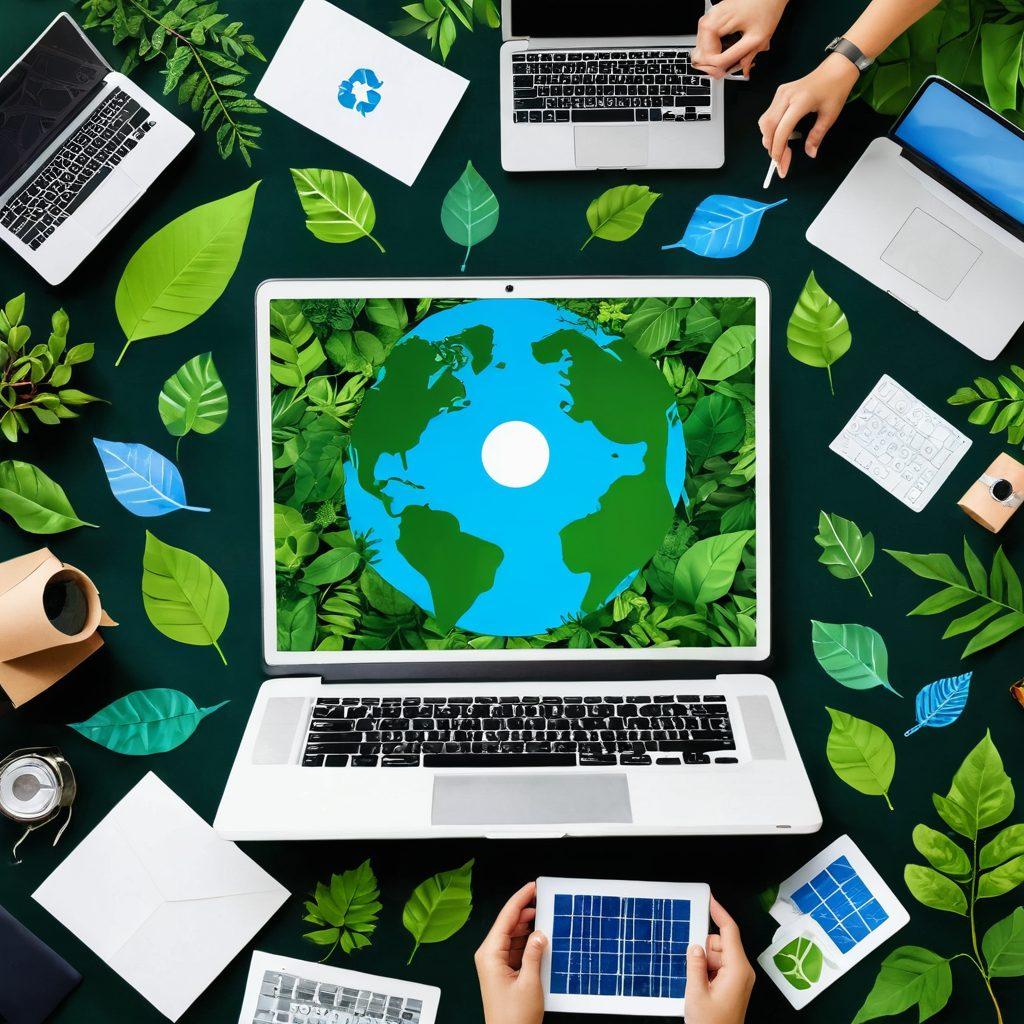 A vibrant collage showcasing diverse eco-friendly elements, such as leaves, recycling symbols, and solar panels, with a laptop in the center displaying an uplifting blog post about sustainability. Surround this with people of different cultures engaged in eco-conscious activities like planting trees and recycling. The background should evoke a sense of nature, featuring a bright blue sky and lush greenery. vector art. vibrant colors. white background.