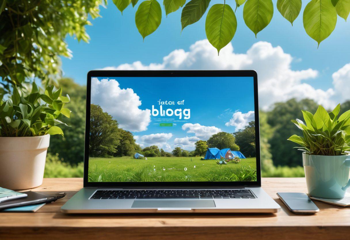 A serene digital landscape showing a lush green blog interface adorned with plants and eco-friendly icons like recycling and solar panels. In the foreground, a laptop displays a beautifully crafted eco-conscious blog post, surrounded by soft sunlight filtering through leaves. The background features a vibrant blue sky and fluffy clouds, symbolizing an uplifting online community. earthy tones, soft focus, bright greens, and blues.