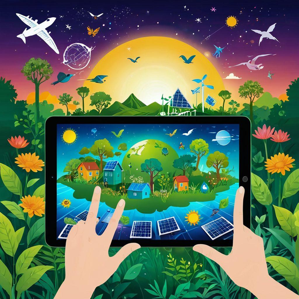 A serene landscape featuring a lush green planet with diverse flora and fauna, a glowing hand holding a digital tablet displaying eco-friendly content, and symbols of sustainability like recycling signs and solar panels. The scene exudes harmony between technology and nature, illustrating the blend of conscious content creation and sustainable living. Bright and vibrant colors, fantasy art style.